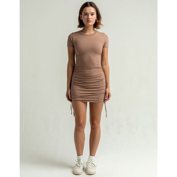 Full Tilt Ruched Mini Dress Womens Small Brown Stretch Bodycon Short Sleeve - Picture 16 of 16